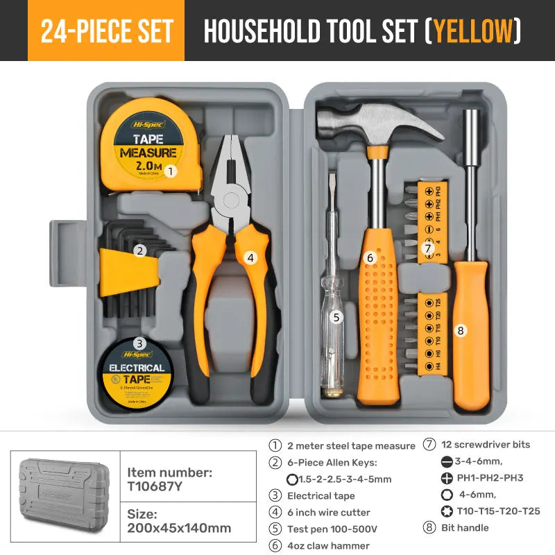 Hi-Spec 24-Piece Compact Home & Office Yellow DIY Hand Tool Kit Set for Household Improvement Repairs Wire Cutter