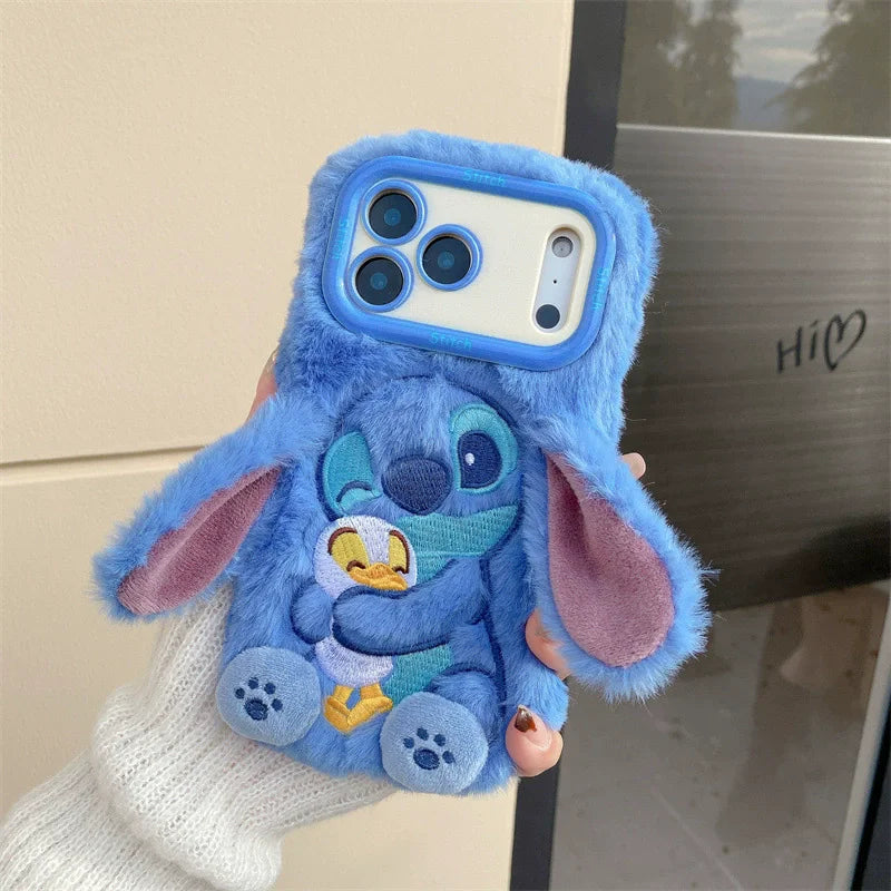 Plush Embroidery Stitch iPhone Case with Stand Furry Ears Cover for iPhone 13 17 Pro Max 16 15 Cute Shockproof Phone Accessories