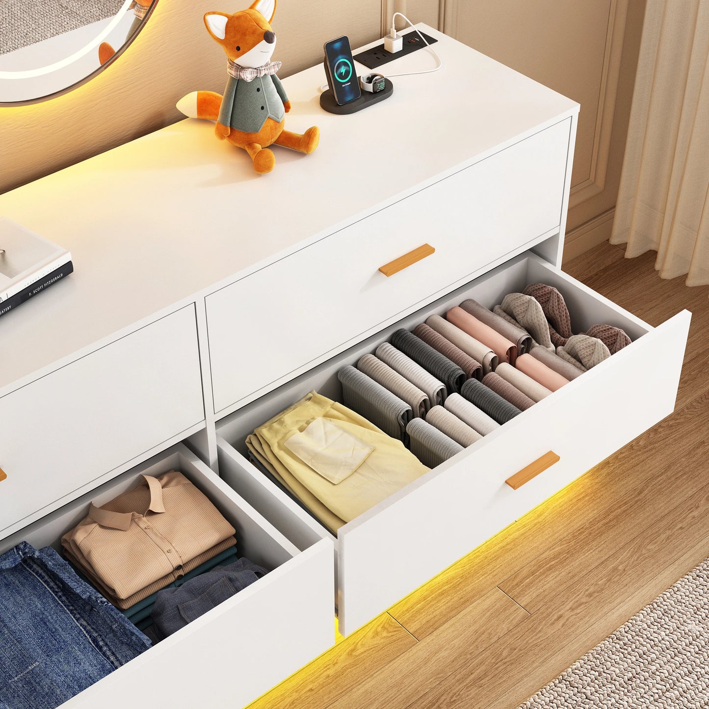 6 Drawers Dresser w/Power Outlet, 59" Long Wooden Dresser Chest, 60000-Colors Lights for Bedroom, Metal Handles of Drawers