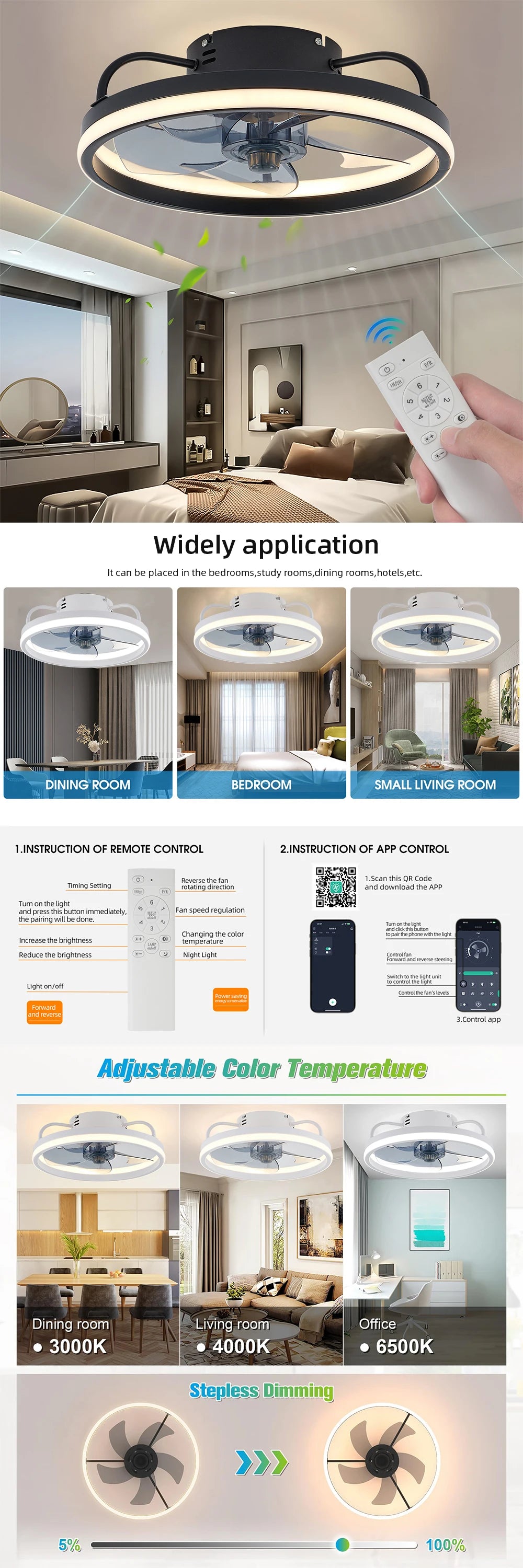 Cool Ceiling Fan Light for Bedroom Restaurant Study Room Decoration Electric Fan Intelligent Dimming Forward and Reverse Fan