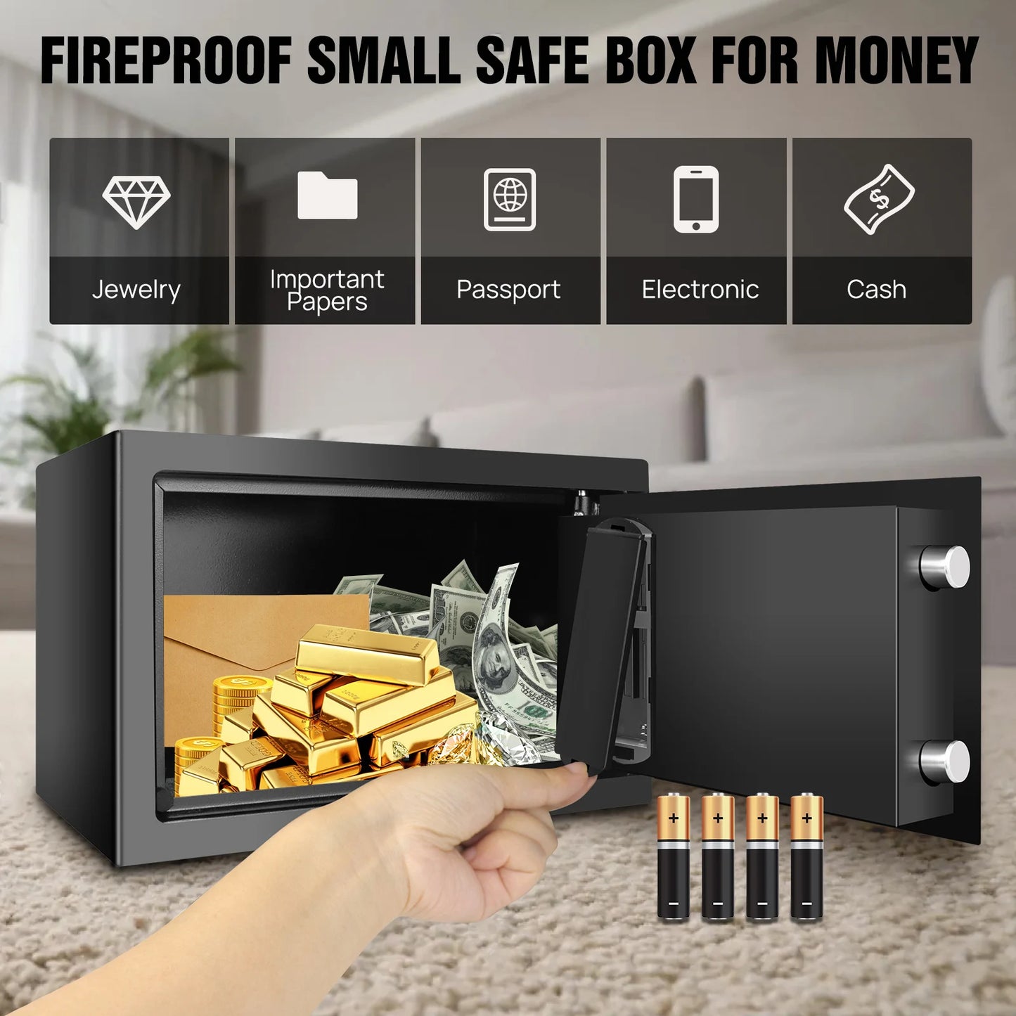 Fireproof Waterproof Home Safe 4.6L/8.5L/16LSafes Home Security Cash Box Cabinet Valuables Protection with Double Digital Keypad