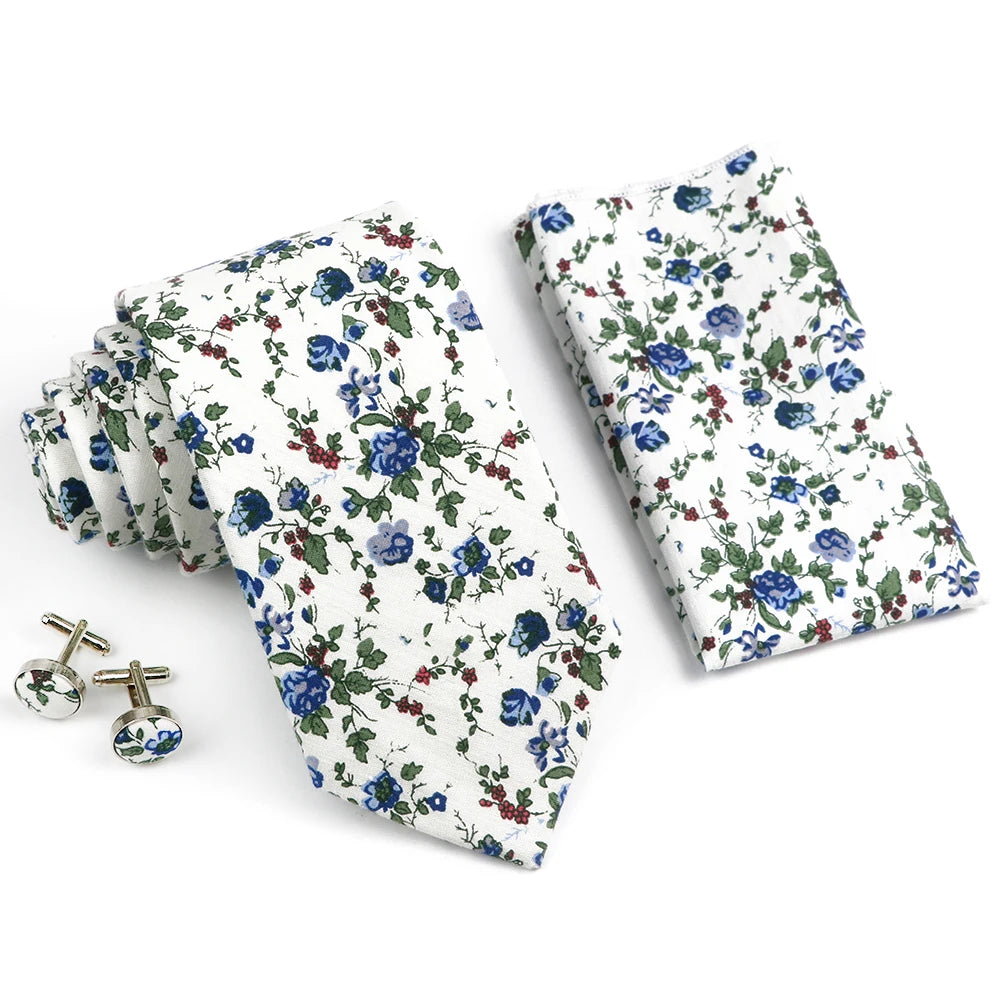 Hot Sell 3PC Chic Elegant Floral Tie Set Pocket Square Cufflinks For Men Women Wedding Party Dinner Suit Tuxedo Accessory Gift