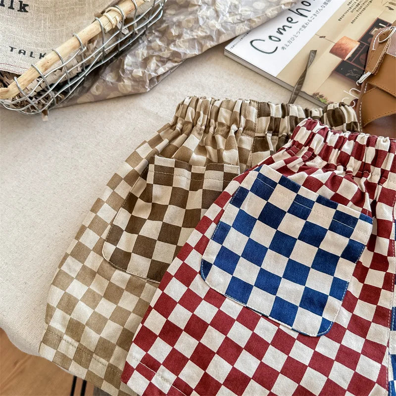 deer jonmi 2023 Summer Korean Style Children Plaid Patchwork Shorts Baby Boys Casual Chic Loose Shorts Kids Clothes