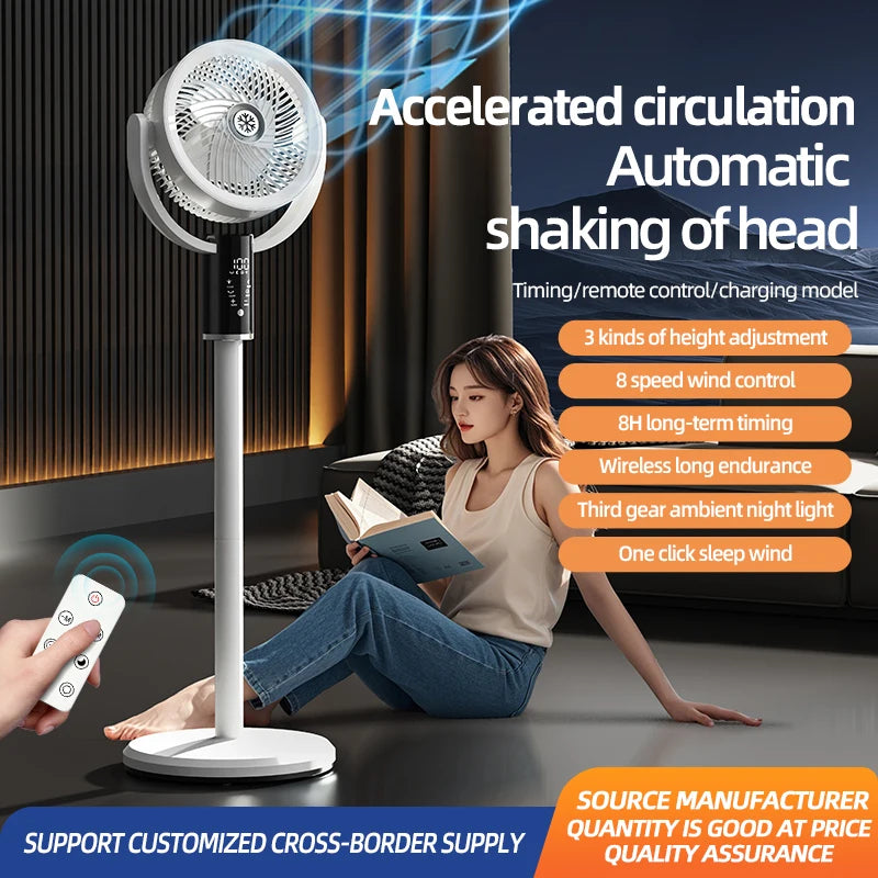 Floor Standing Fan Remote Control 6000mAh USB Rechargeable Height Adjustable Air Circulator for Camping Home Office Sturdy Base