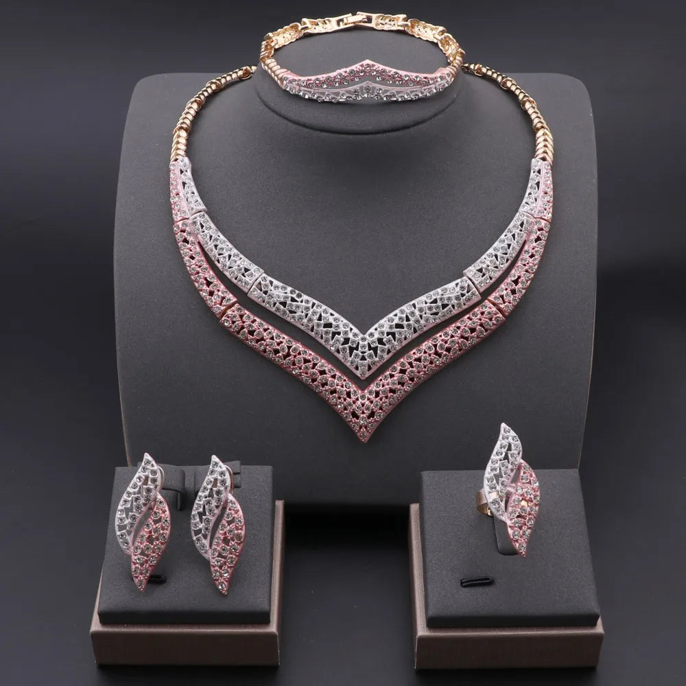 Dubai Gold Color Jewelry Set Fashion Women Necklace Earrings Bracelet And Ring 4PCS Set Jewelry Wedding Party Gift