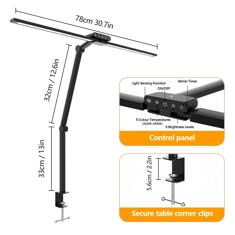 Home LED Eye-Care Reading Desk Lamp with Memory Timer Function 3200K-6500K Stepless Dimming 1800LM 2-Head PC Monitor Table Light