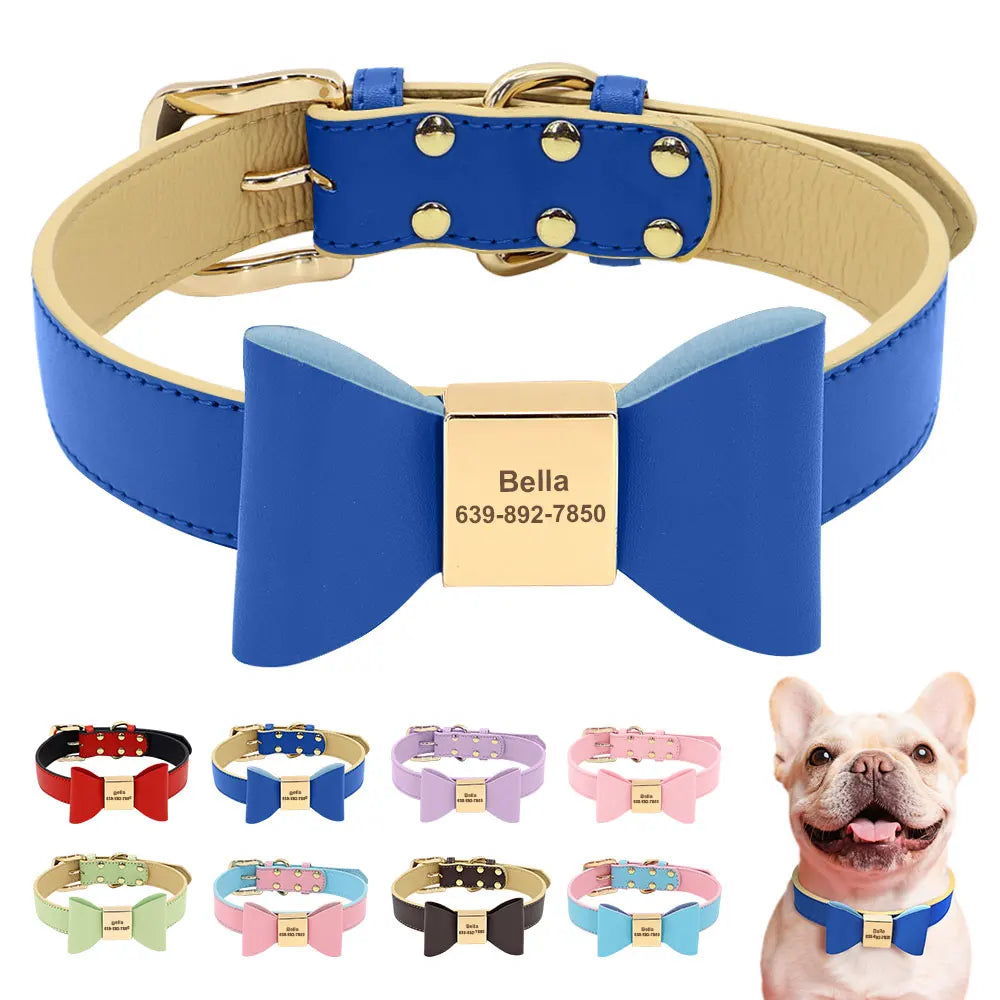 Cute Bowknot Custom Dog Collar PU Leather Puppy Dog Collars Adjustable Pet Cat Necklace With Bow tie for Small Medium Large Dogs