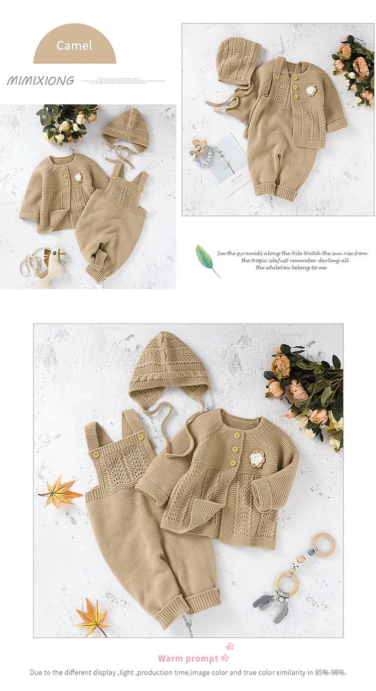 Baby Romper Set Knit Autumn Newborn Girl Boy Long Sleeve Coat Jumpsuit Outfit Hat 3PC Fashion Solid Infant Clothing Suit Sweater