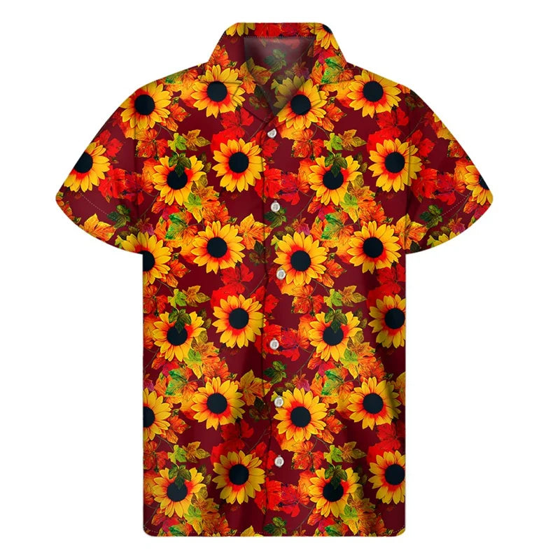 3d Plants Sunflower Print Shirt For Men Fashion Classic Short Sleeve Summer Vacation Shirts Breathable Tops Hawaiian Shirts