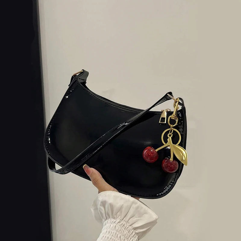 Vintage Retro Shoulder Bag for Women PU Leather Underarm Crossbody Ladies Casual Handbag Purse with Cherry Pendant