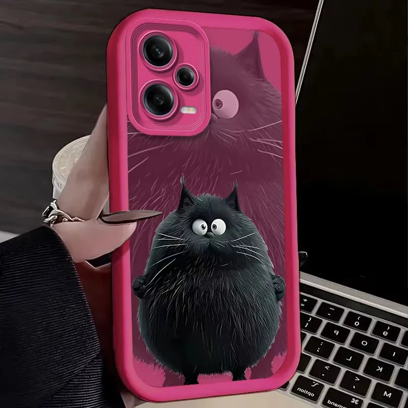 Funny Black Plush Cat Cute Phone Case For Redmi Note 13 12 Pro Plus 5G 13 12 Pro 4G 5G 11 10 Pro 12S 5G 11S 10S Redmi 13C 12 5G