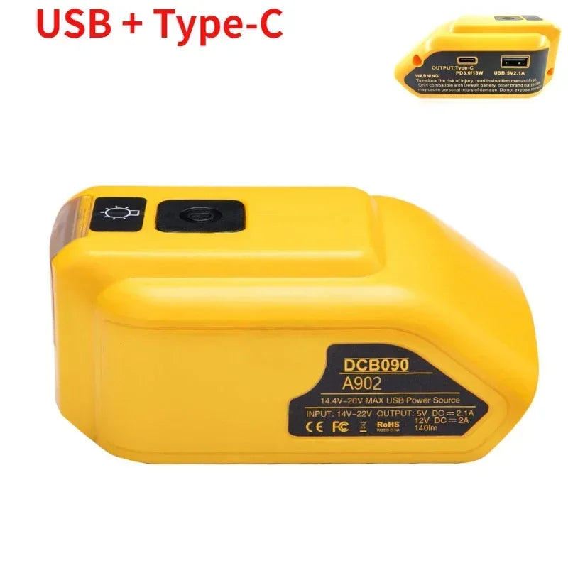 Replacement DCB090 Power Source For Dewalt 20V 18V Battery Adapter with Dual USB DC 12V LED Work Light Converter Power Supply