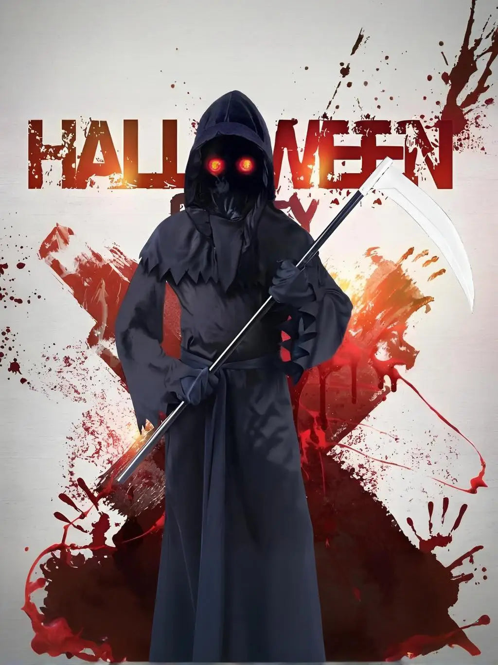 Halloween cosplay costume, Grim Reaper, terrifying skeleton costume, children's glowing red eyes, Grim Reaper ghost robe, sickle