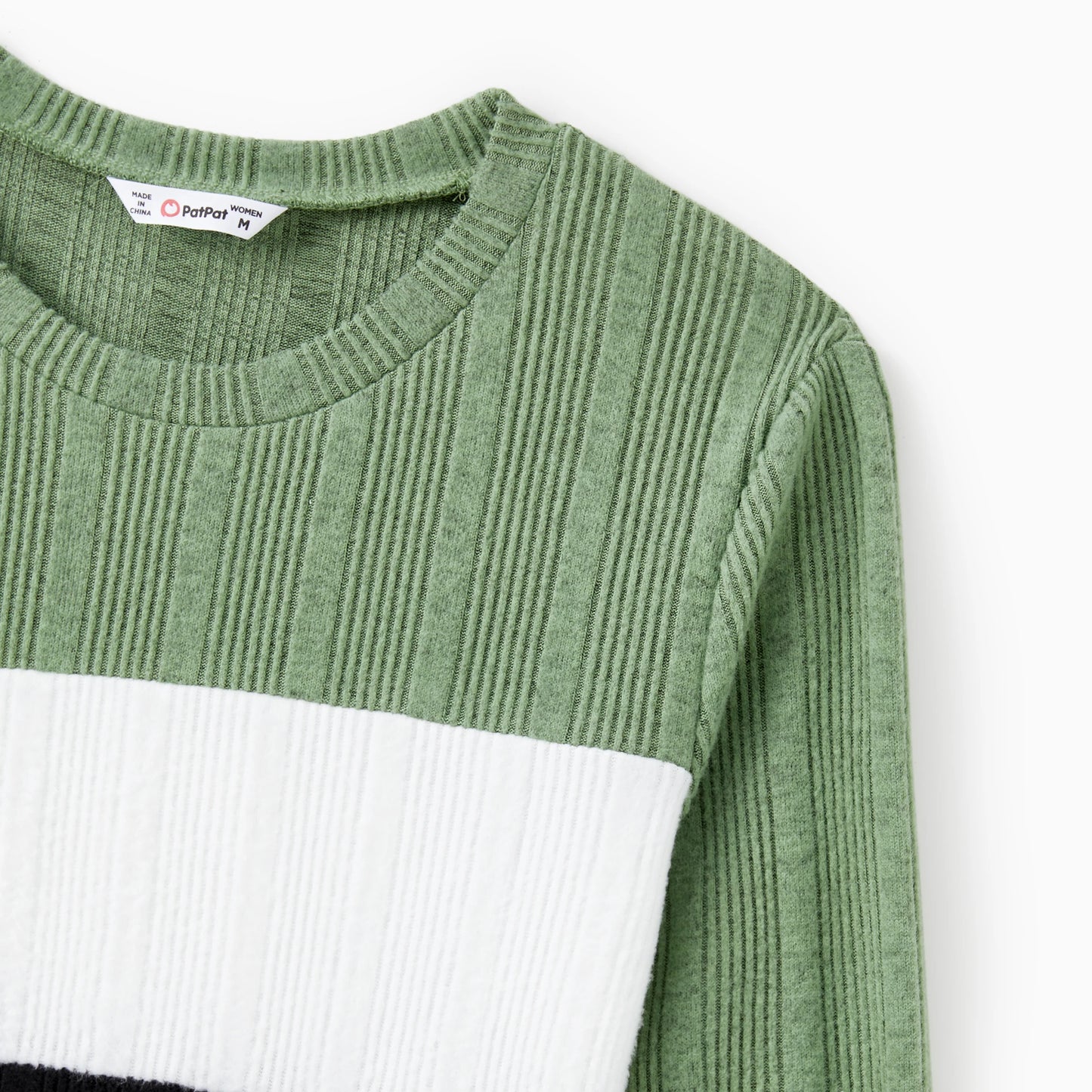 PatPat Family Matching Sets Green Color Block Long Sleeves Ribbed Tops/Dress/Romper