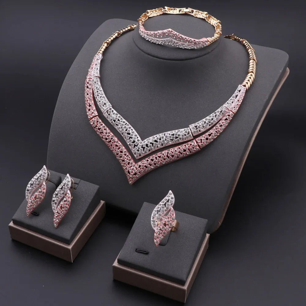 Dubai Gold Color Jewelry Set Fashion Women Necklace Earrings Bracelet And Ring 4PCS Set Jewelry Wedding Party Gift