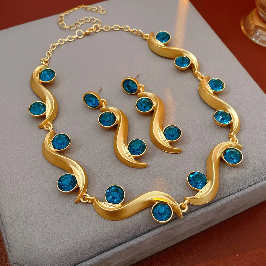 1/2 Pcs Unique Round Wave Long Earrings Blue Rhinestone Adjustable Chain Necklace Bohemian Women Fashion Jewelry Set Vacation N