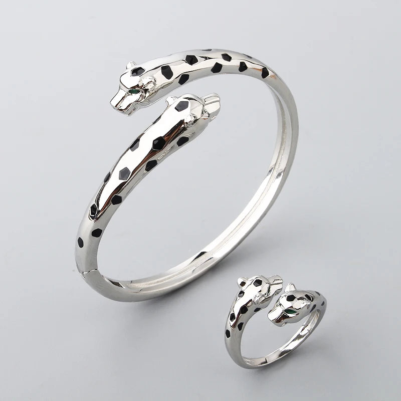 Luxury Fashion Cuff Bangle Charm Bracelet Brass Silver Color Czech Green Eyes Double Leopard Women Jewelry Gift New Arrivals