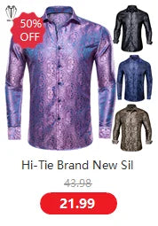 Hi-Tie Pure Black Silk Mens Shirts Plain Smooth Long Sleeve Formal Dress Blouse for Male Wedding Business Events Oversized Gift