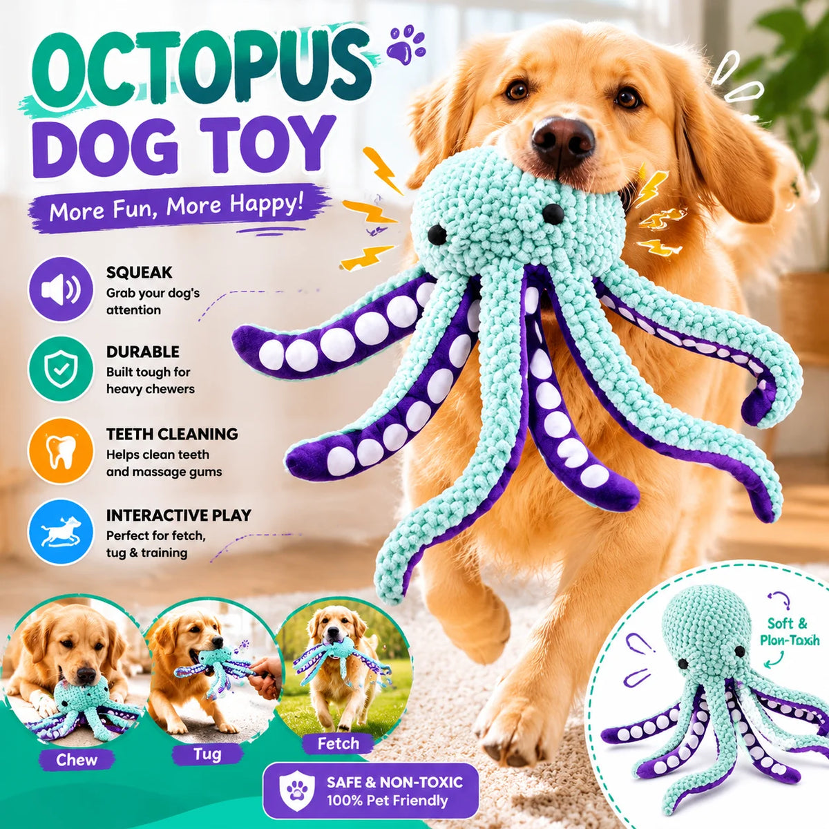 Pet plush octopus toy interactive sound anti-demolition home large and small dog boredom companion dog toy