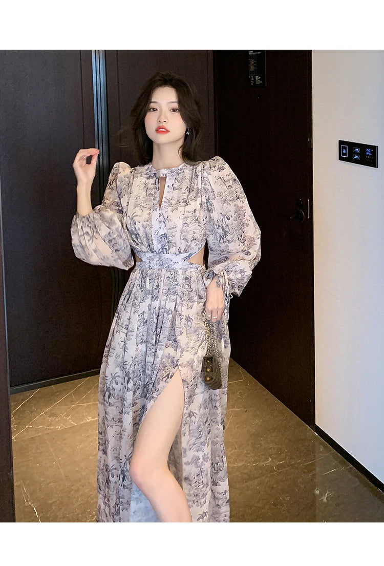 Elegant Boho Vintage Dress 2025 Spring Casual Printed Maxi Vestido Woman Sexy Hollow Waist Chiffon Beach Dress Female Clothing