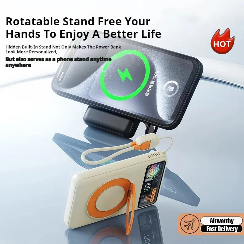 Lenovo10000mAh Magnetic Power Bank Portable Wireless Charger With Cable Fast Charging External Battery Stand For iPhone Xiaomi