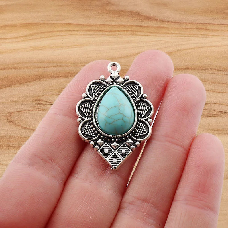 4 Pieces Tibetan Silver Color & Turquoise Crystal Hollow Charms Pendants For DIY Necklace Jewelry Making Accessories