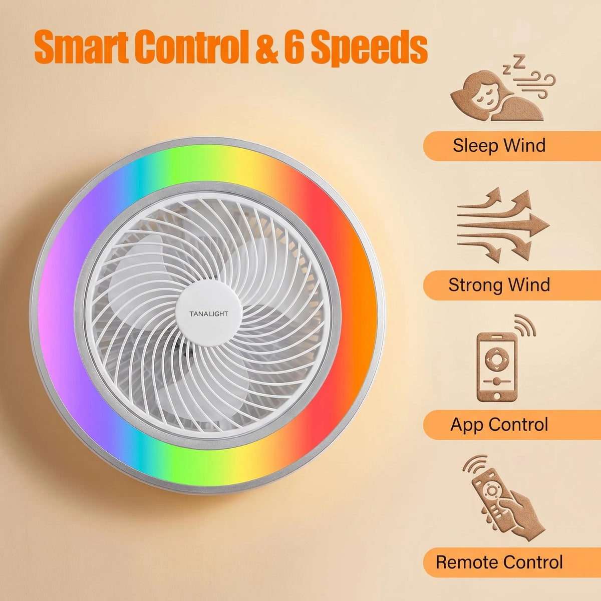 Smart Remote Controlled Ceiling Fan RGB Light AC220V– Variable Frequency Motor with Stepless Speed & Color Temperature Adjustmen