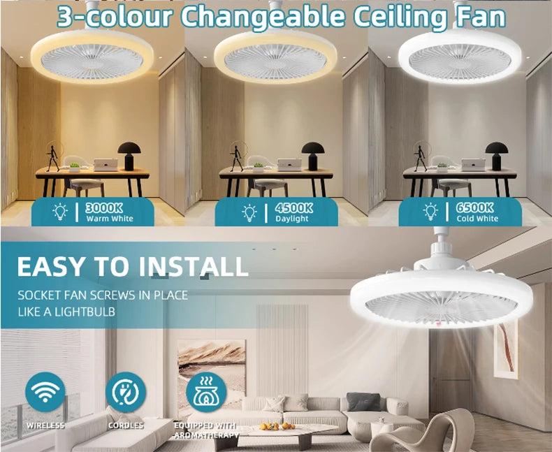 Rotatable 3in1 Ceiling Fan Light E27 LED Converter Base Smart Remote Control Bedroom Fans Lamp Study Kitchen Home Decoration