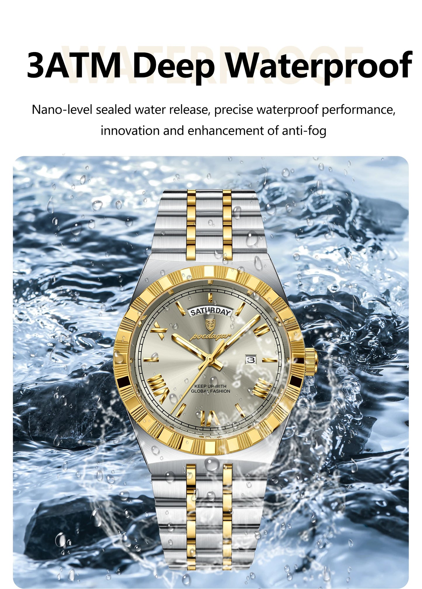 POEDAGAR Original Male Watch Luminous Waterproof Week Date Men Wristwatch Stainless Steel Business Quartz Men's Watches Gift+Box