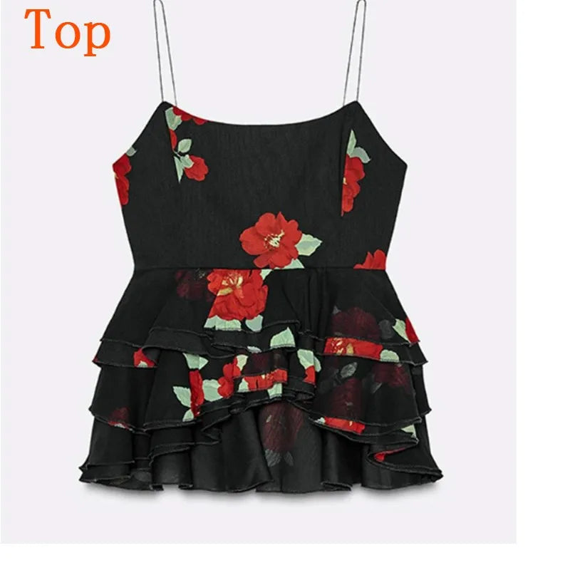 Summer 2-piece Suit Print Flower Mesh Slit Hip-covering Skirt Halter Top Suit Women's Fashion Causal Woman 2 Piece Set Outfit