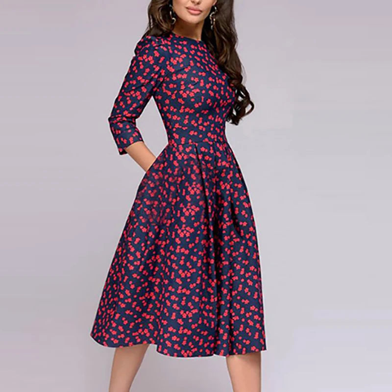2023 Spring AutumnOffice Lady Knee Length Elegant Vintage Long Sleeve Party Dresses Women Floral Printed Dress New