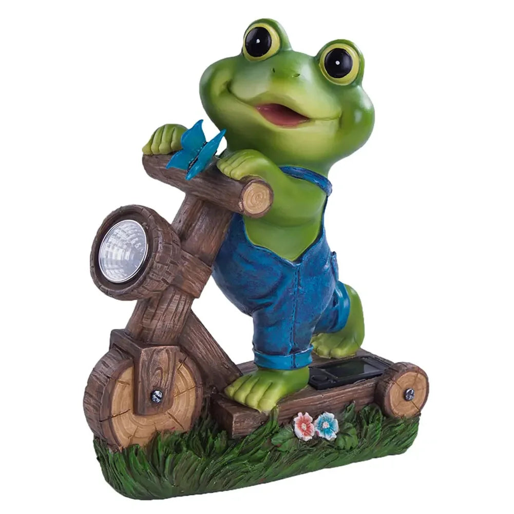 Resin Garden Frog Statue with Solar Light Frog Cycling Model Frog Ornaments Cute Animal Statue for Patio Lawn Yard Decoration