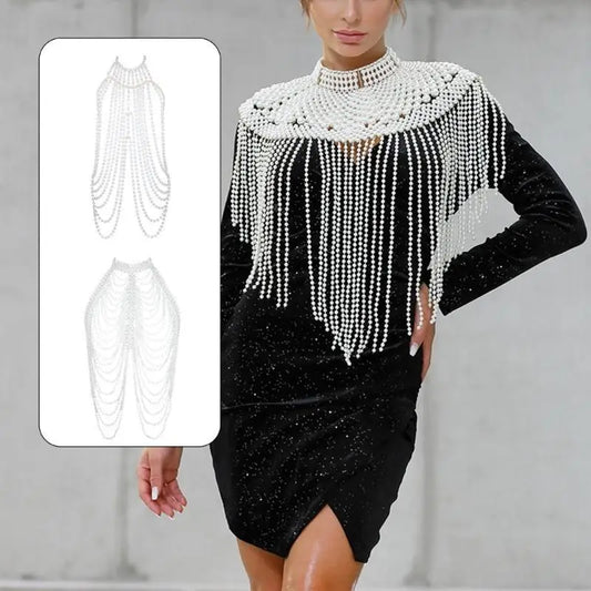 P9FE Fringed Pearls Shawl Wrap for Female Shoulder Chain Necklace Elegant Bride Shawl Formal Dress Shoulder Wrap Body Chain