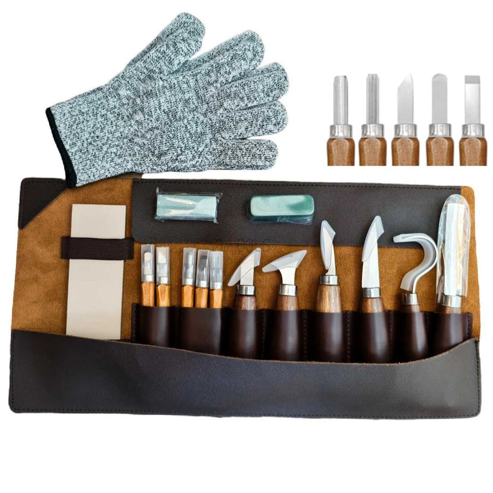Woodworking Tools Professional Square Handle Woodcarving Vintage Leather Set 12 Pieces Furniture Detail Relief Project Essential