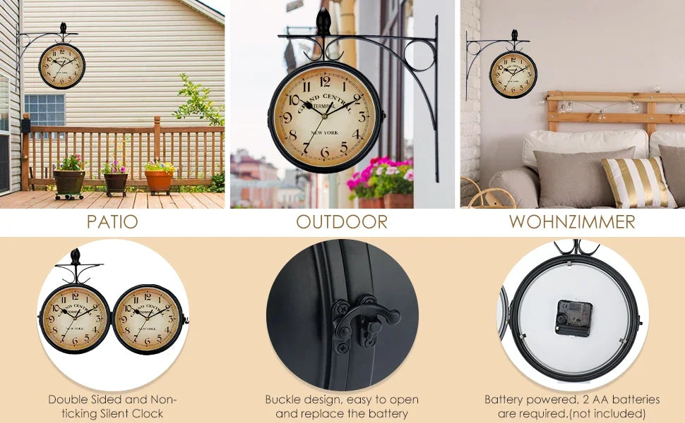 Double Sided Train Station Waterproof Wall Clock For Garden Retro Wrought Iron Metal Wall Clock Silent Indoor Outdoor Decoration