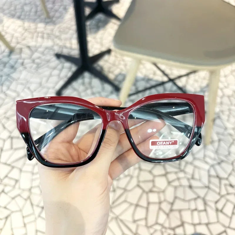 Women's Fashion Glasses Anti-Blue Light Trendy Luxury Large Frame Cat Eye Presbyopia Glasses Full Frame Premium Color Blocked