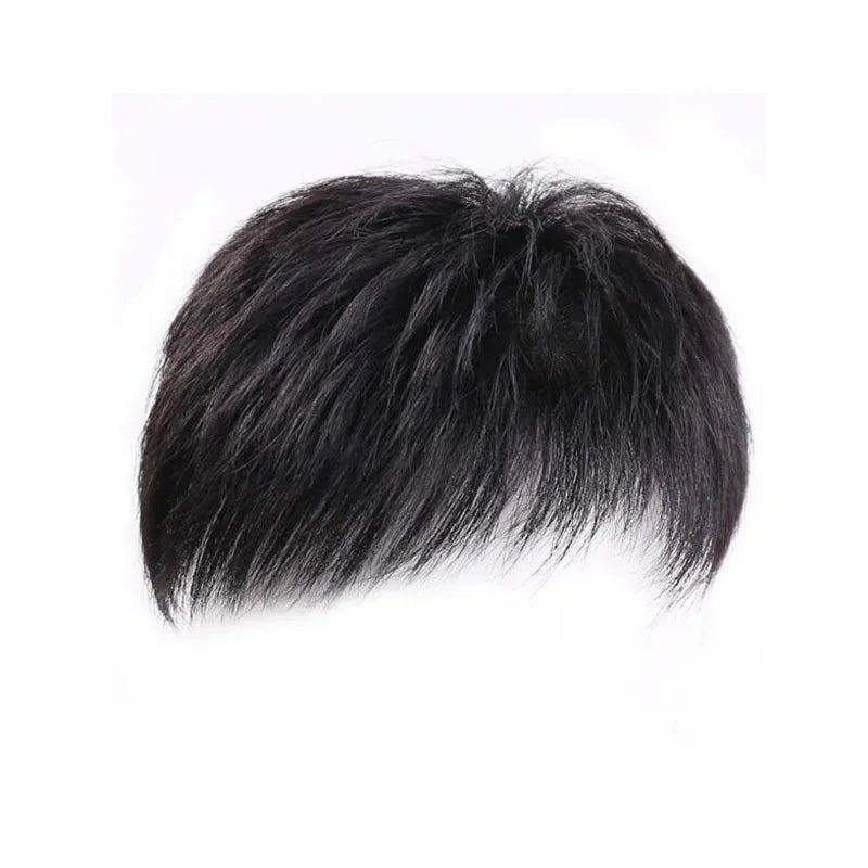 Synthetic wig for men with short hair, with a buzz cut style, on a bald head, with high-temperature hair extensions at the top.