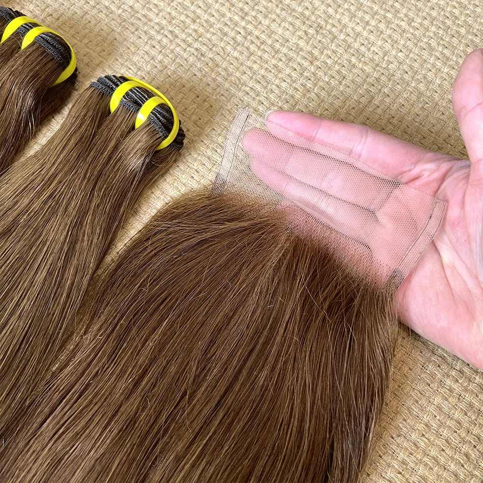 Yiwigs #4 Colored Light Brown 100% Raw Virgin Human Hair Bundles With 4x6 Transparent Lace Closure Hair Weave Extensions