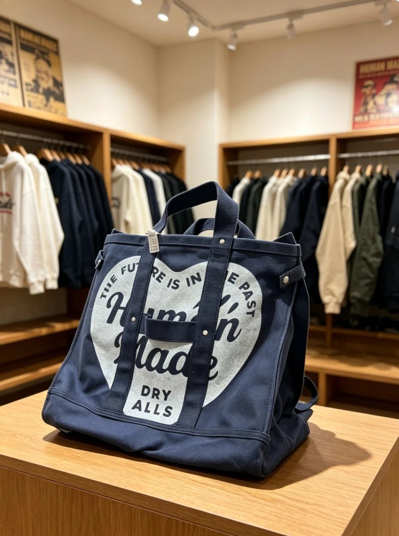 HUMAN MADE Canvas Tote Large Heart Print Heavy Duty Cotton Shoulder Bag Casual