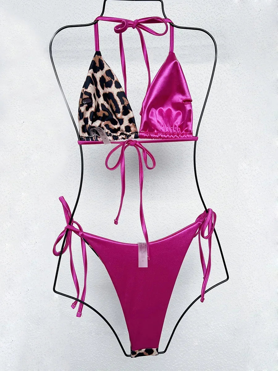 Halter Splicing Leopard Bikinis 2026 Satin Bikini Female Swimsuit Women Swimwear Two-pieces Bikini Set Micro Bathing Suit Swim