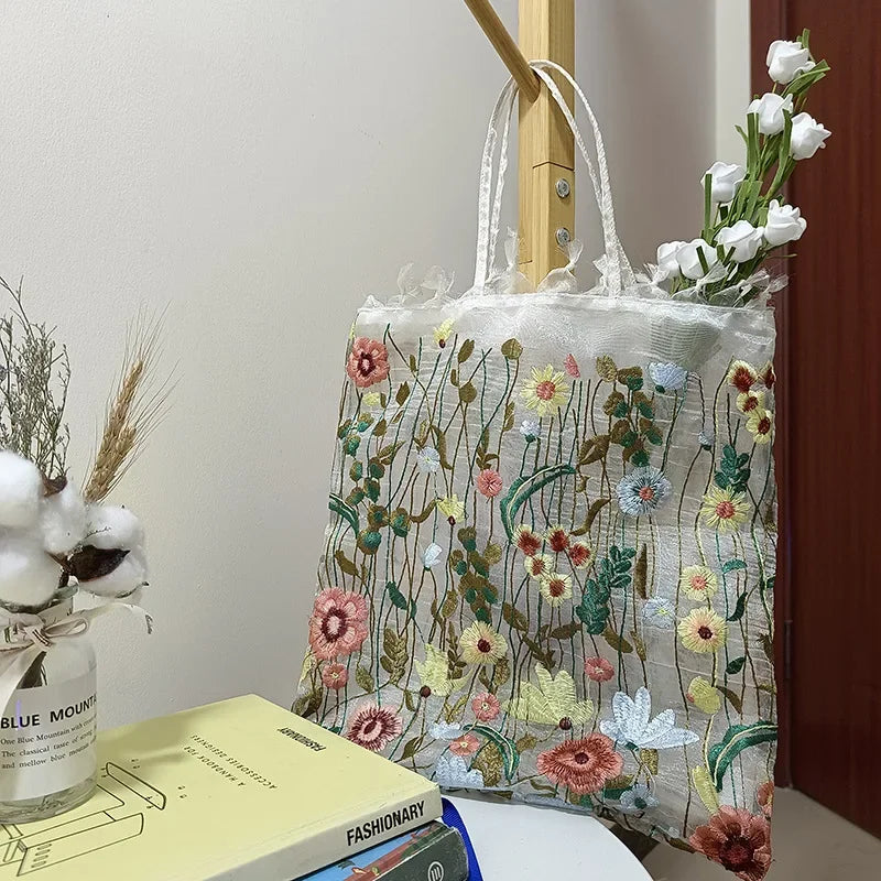 1Pc Fashion Tote Summer New Style Mesh Full Embroidery Flowers Clear Shoulder Bag Romantic Handbag Women's Eco Shopping Bag 2025