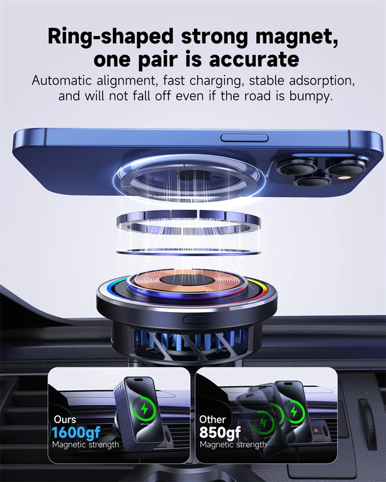 HaaYot QI2 Ice Cooling 25W Magnetic Wireless Car Charger RGB Fast Charging Car Phone Holder Stand For Magsafe iPhone 17 16 15 14