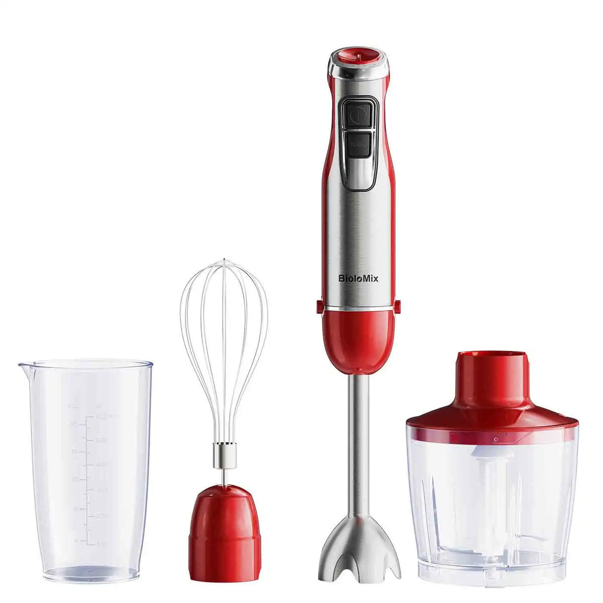 BioloMix 4-in-1 Hand Stick Blender 1200W Stainless Steel Immersion Mixer Chopper Smoothie Cup Ice Blades for Baby Food