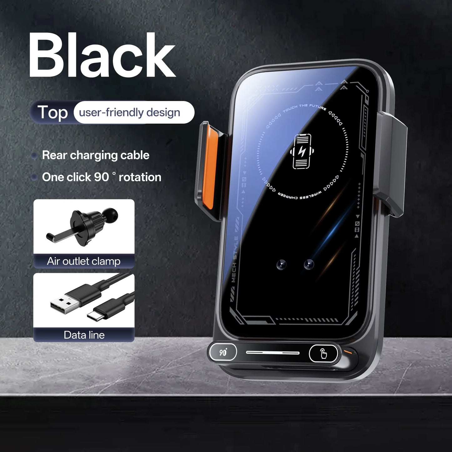 Smart Sensing Car Phone Holder 15W Qi Wireless Charging Motorized Rotation One-Touch Release & Clamping Rotatable Cable Port