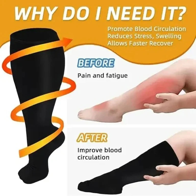 Plus Size Compression Socks for Women Men 20-30 MmHg Wide Calf Extra Large Knee High Flight Sock for Circulation Support 2XL-4XL