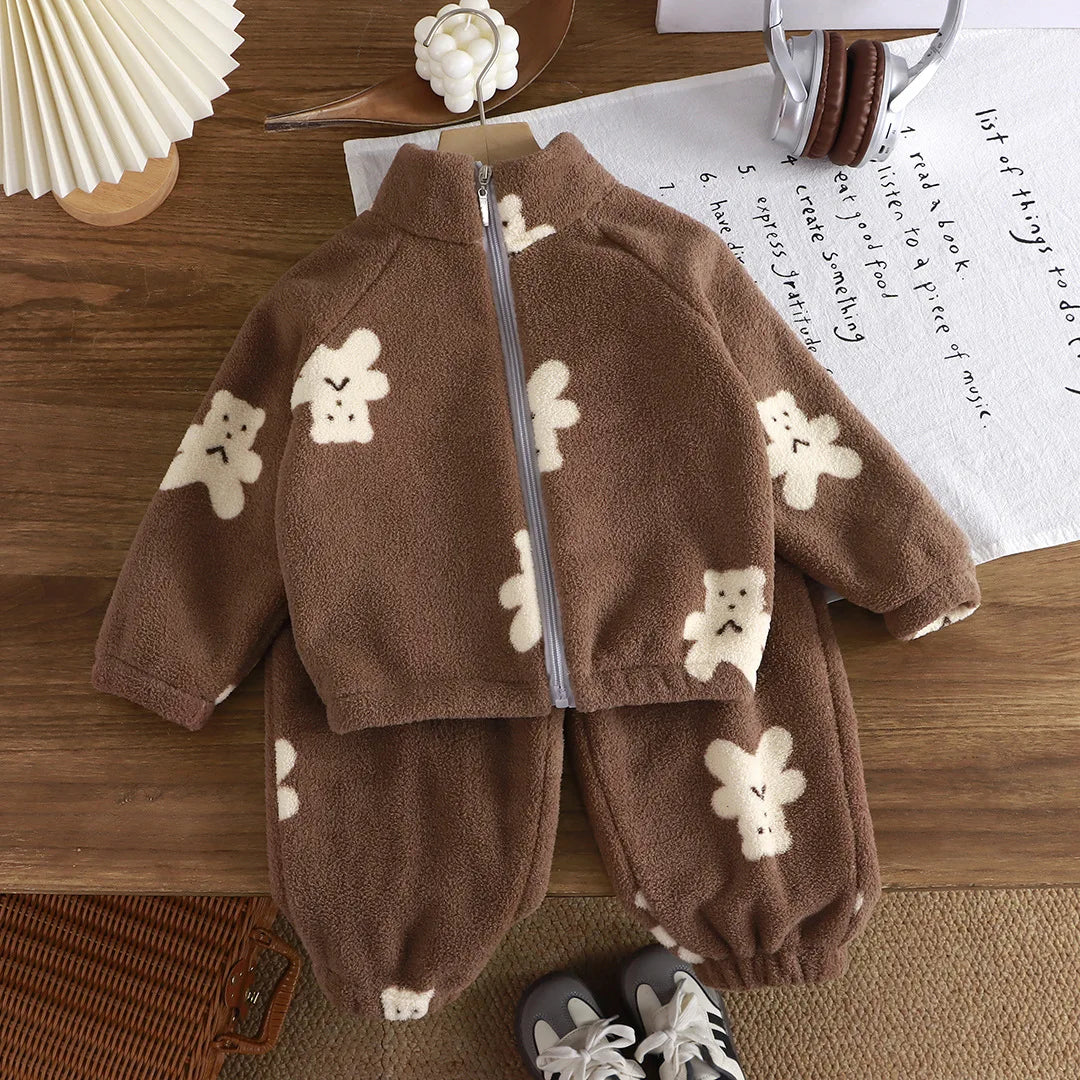 Toddler Baby Autumn and Winter Plus Velvet Thickened Set Cartoon Children's Home Clothes Shaking and Brushed Children's Set