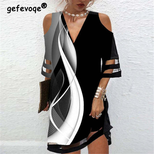 Women Sexy Off Shoulder Mesh Patchwork Elegant Party Dresses Summer Fashion Printed V Neck Half Sleeve Loose Midi Dress Vestidos