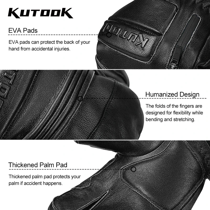 KUTOOK Goatskin Leather Ski Gloves Mittens Waterproof Thicken Winter Snow Snowboard Gloves Thermal Warm Skiing Gloves for Men