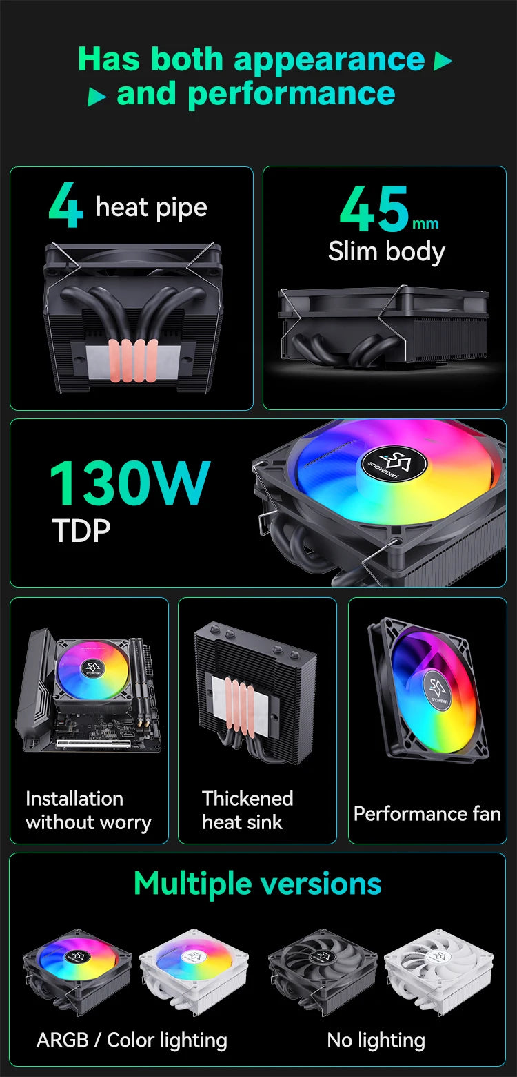 SNOWMAN MC45-4 ITX CPU Cooler Air 4 heat pipes cooling PC heat sink ARGB Fans PWM Intel LGA1851 1700 1200 1151 X99 2011 AM5 AM4