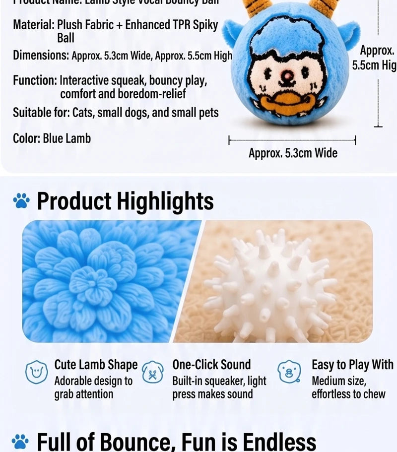Cute Cartoon Plush Bouncy Ball Pet Toy Interactive Chew Toy for Dogs & Cats Ideal for Indoor Play of Small and Medium Pets